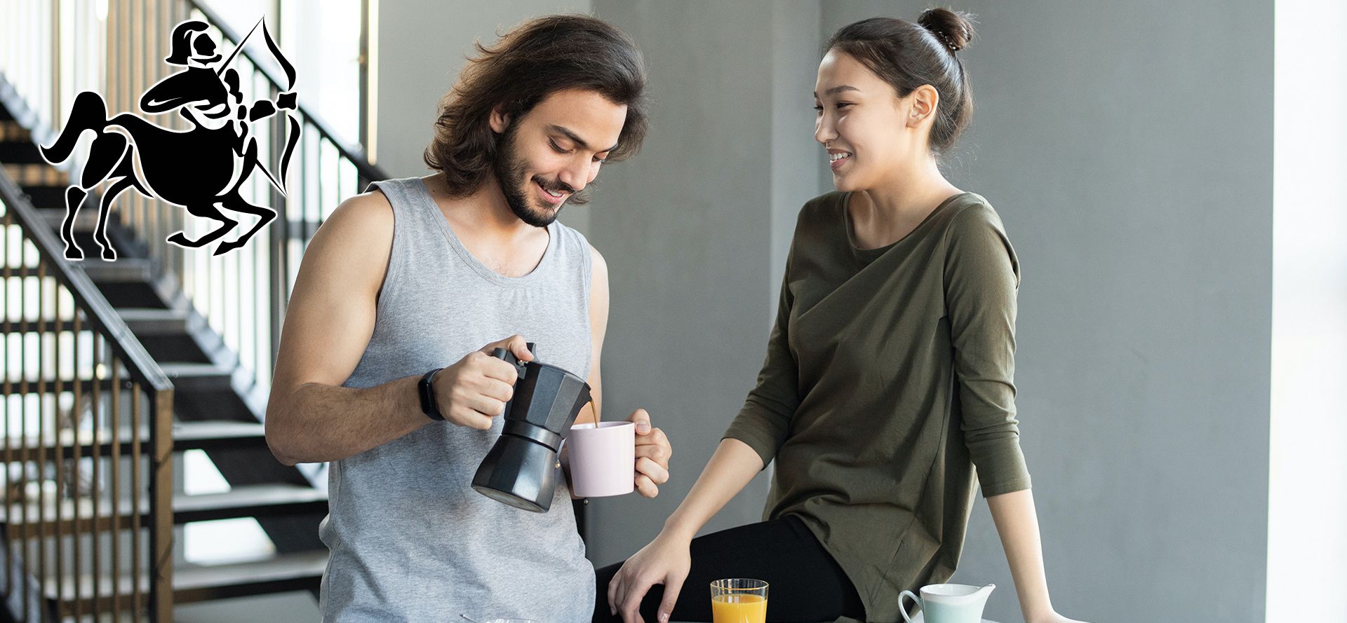 Sagittarius man puors coffee for a woman.